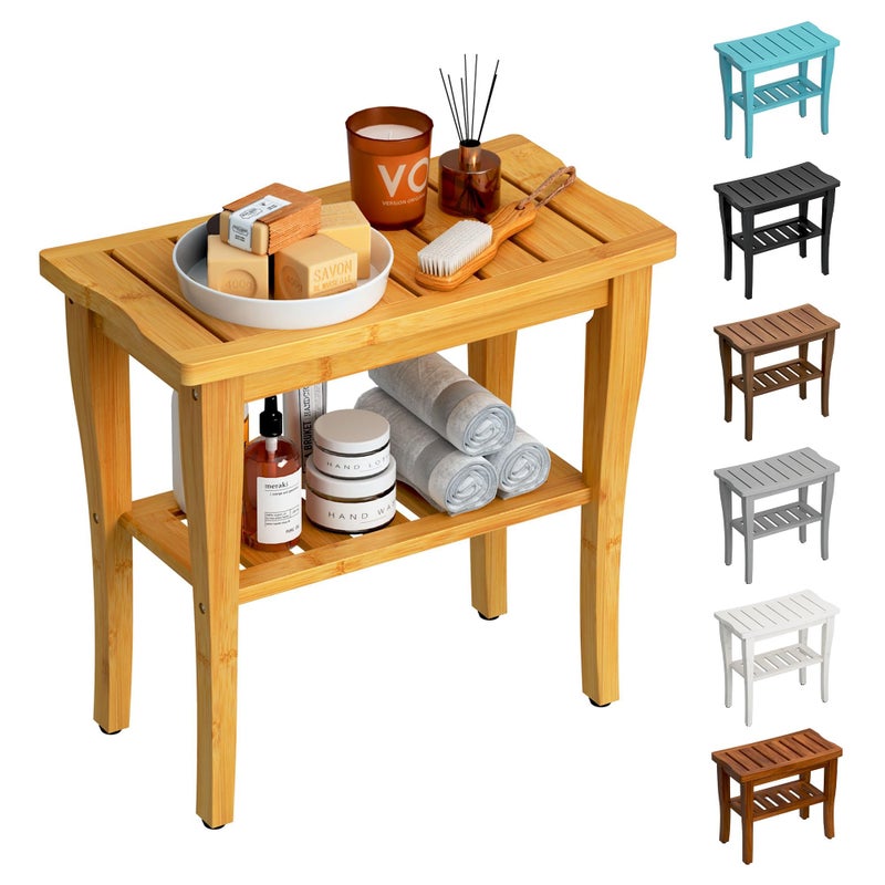 oridom Bamboo Shower Bench Stool with Storage Shelf, Waterproof Shower Chair Spa Bath Seat, Shower Stool for Inside Shower, Bathroom Bench Seat for Adults Elderly Seniors for Indoor or Outdoor Use - Image 1