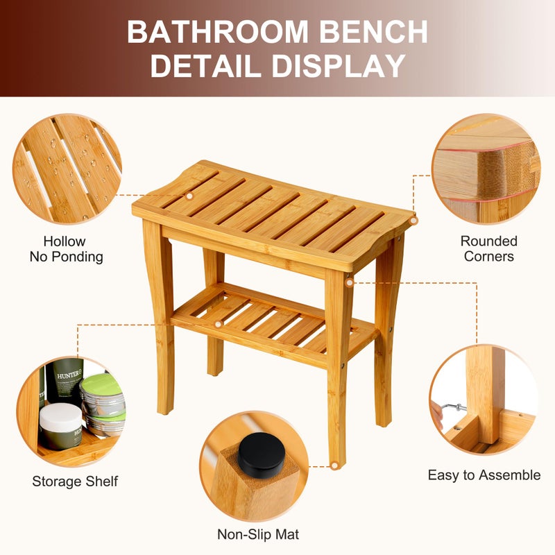 oridom Bamboo Shower Bench Stool with Storage Shelf, Waterproof Shower Chair Spa Bath Seat, Shower Stool for Inside Shower, Bathroom Bench Seat for Adults Elderly Seniors for Indoor or Outdoor Use - Image 3