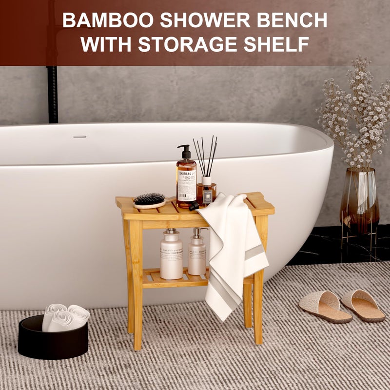 oridom Bamboo Shower Bench Stool with Storage Shelf, Waterproof Shower Chair Spa Bath Seat, Shower Stool for Inside Shower, Bathroom Bench Seat for Adults Elderly Seniors for Indoor or Outdoor Use - Image 2