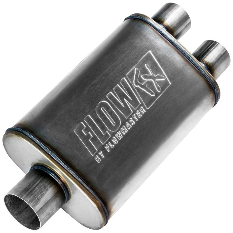 Flowmaster Flow FX Chambered Muffler â€“ 3.00â€ Center In / 2.50â€ Dual Out â€“Moderate Sound â€“ Stainless Steel â€“ Affordable Performance for Modern Trucks, Muscle Cars & Daily Drivers (72198) - Image 1