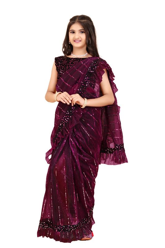 Xavima Kids Supernet Tikli Work Ready to Wear Saree With Unstitched Blouse Piece- Purple_Size : 7-8 Y - Image 1