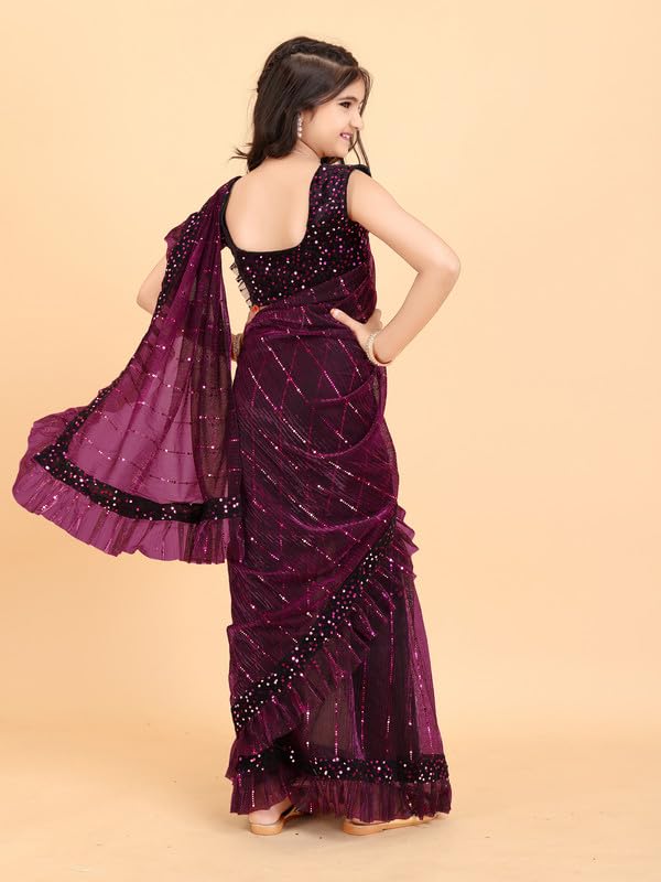 Xavima Kids Supernet Tikli Work Ready to Wear Saree With Unstitched Blouse Piece- Purple_Size : 7-8 Y - Image 5