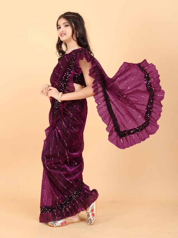 Xavima Kids Supernet Tikli Work Ready to Wear Saree With Unstitched Blouse Piece- Purple_Size : 7-8 Y - Image 3