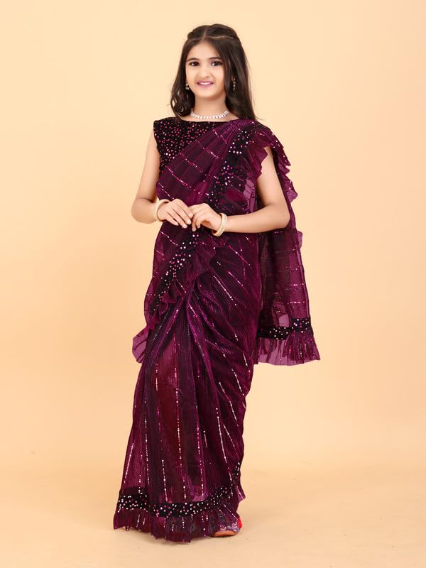 Xavima Kids Supernet Tikli Work Ready to Wear Saree With Unstitched Blouse Piece- Purple_Size : 7-8 Y - Image 2