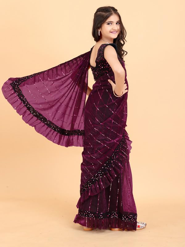 Xavima Kids Supernet Tikli Work Ready to Wear Saree With Unstitched Blouse Piece- Purple_Size : 7-8 Y - Image 4