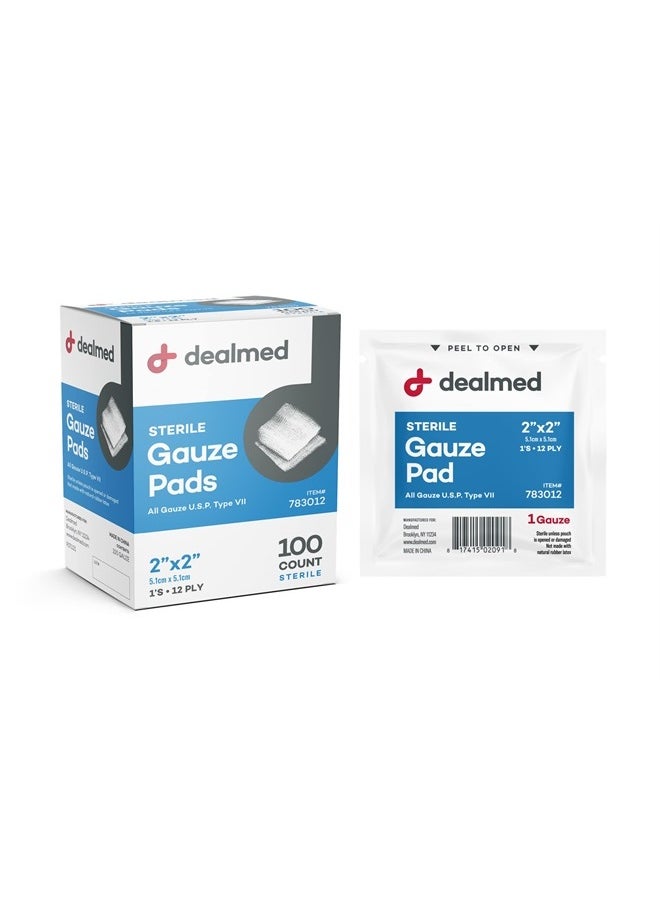 Dealmed - Sterile Gauze Pads – 100 Count, 2'' x 2'' Disposable and Individually Wrapped Gauze Pads, Wound Care Product for First Aid Kit and Medical Facilities - Image 1