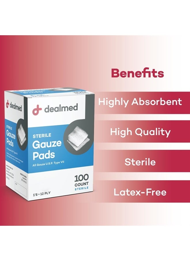 Dealmed - Sterile Gauze Pads – 100 Count, 2'' x 2'' Disposable and Individually Wrapped Gauze Pads, Wound Care Product for First Aid Kit and Medical Facilities - Image 1
