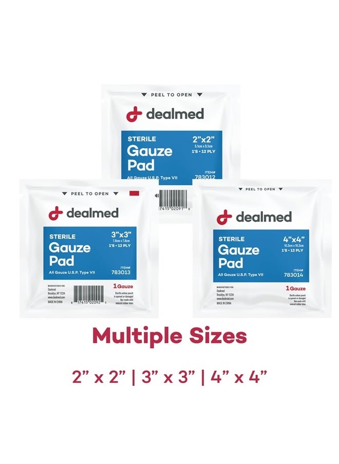 Dealmed - Sterile Gauze Pads – 100 Count, 2'' x 2'' Disposable and Individually Wrapped Gauze Pads, Wound Care Product for First Aid Kit and Medical Facilities - Image 1