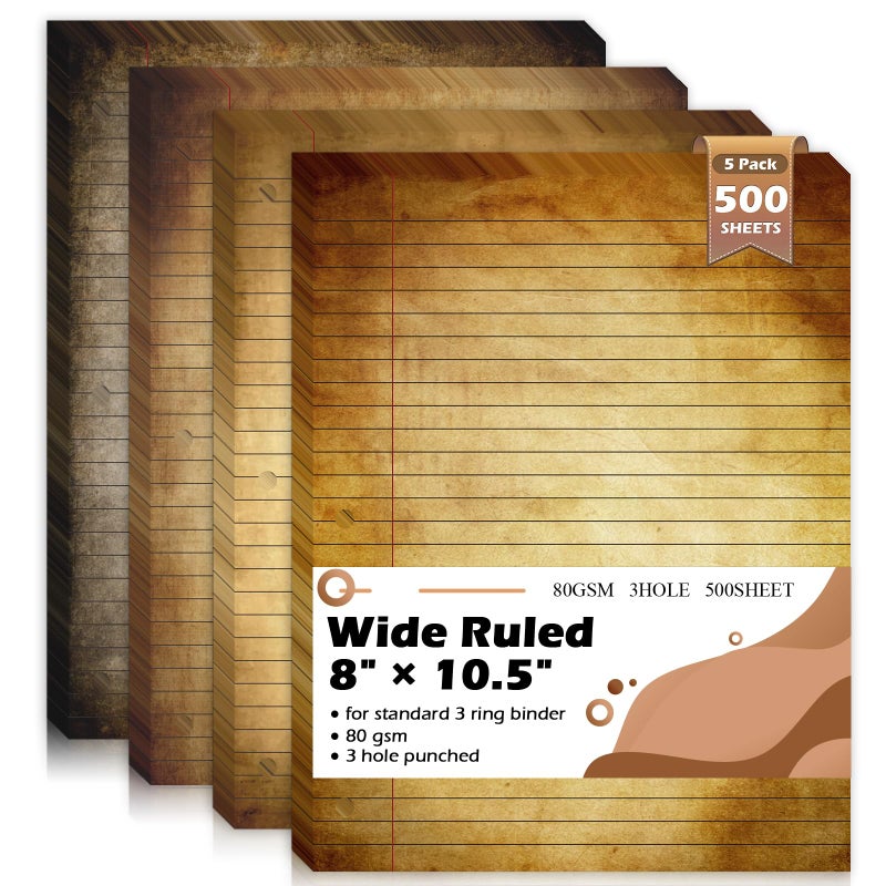 OKWUYiK 500 Sheets 8Ã—10.5 Inch Colored Filler Paper Wide Ruled for 3-Ring Binder 11/32" Spacing Vintage Lined Filler Notebook Paper Wide Ruled Loose Leaf Paper 3-Hole Punched 80gsm for School Office - Image 1