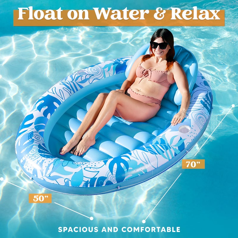 SLOOSH Inflatable Tanning Pool Lounger Float, 70" x 50" Pool Floats Adult with Pillow,Oval Suntan Tub Raft Floatie,Sunbathing Bed Lounge for Water Blow Up Kids Ball Pit Party Gifts,Blue - Image 2