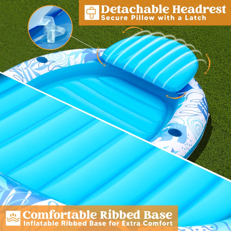 SLOOSH Inflatable Tanning Pool Lounger Float, 70" x 50" Pool Floats Adult with Pillow,Oval Suntan Tub Raft Floatie,Sunbathing Bed Lounge for Water Blow Up Kids Ball Pit Party Gifts,Blue - Image 5