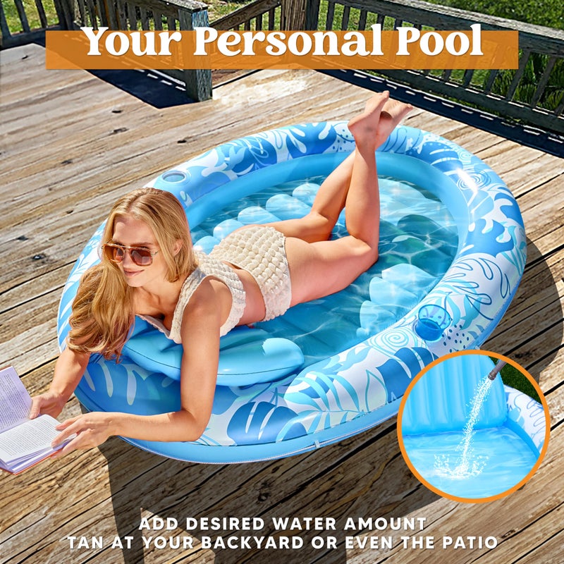 SLOOSH Inflatable Tanning Pool Lounger Float, 70" x 50" Pool Floats Adult with Pillow,Oval Suntan Tub Raft Floatie,Sunbathing Bed Lounge for Water Blow Up Kids Ball Pit Party Gifts,Blue - Image 3