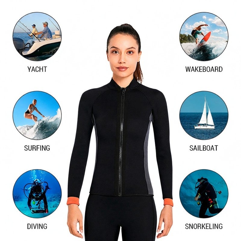 DIVE & SAIL قميص طويل الأكمام للنساء من النيوبرين سماكة 3 مم مع سحاب أمامي دافئ لركوب الأمواج والسباحة والغطس والتجديف بالكاياك - Image 5