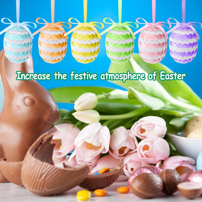 Watayo 30 Pcs Easter Hanging Sequin Eggs, 1.6" Stripes Easter Eggs Ornaments with Bow, Glitter Spring Hanging Egg Tree Ornaments for Party Birthday Home Garden Decoration - Image 5