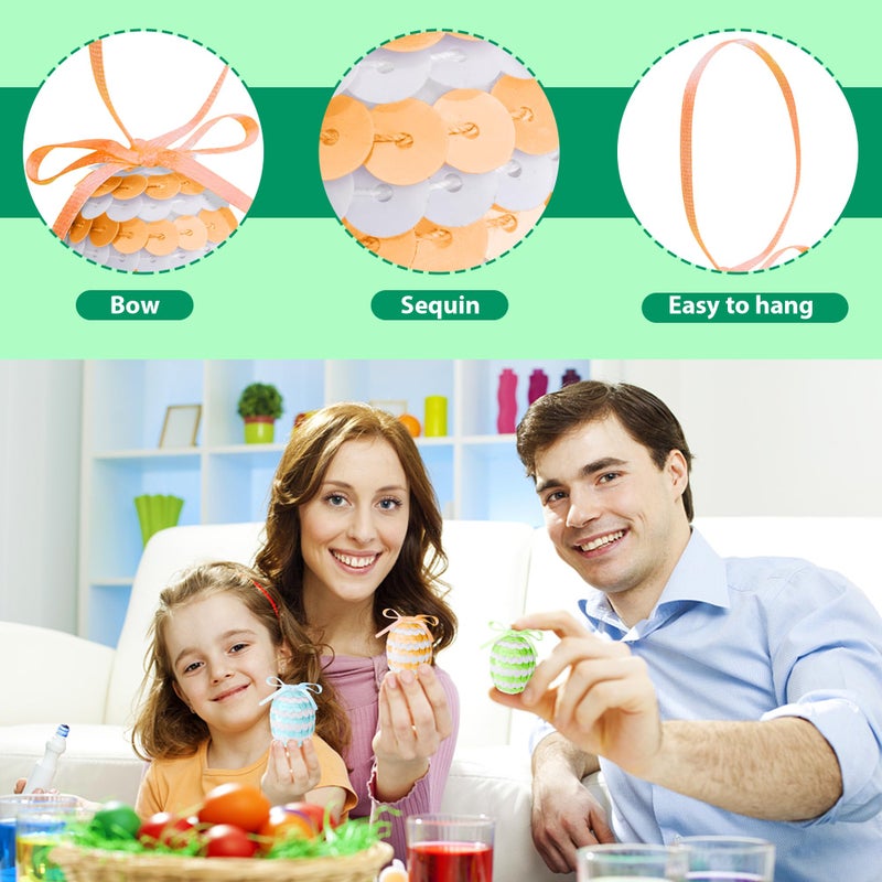 Watayo 30 Pcs Easter Hanging Sequin Eggs, 1.6" Stripes Easter Eggs Ornaments with Bow, Glitter Spring Hanging Egg Tree Ornaments for Party Birthday Home Garden Decoration - Image 3