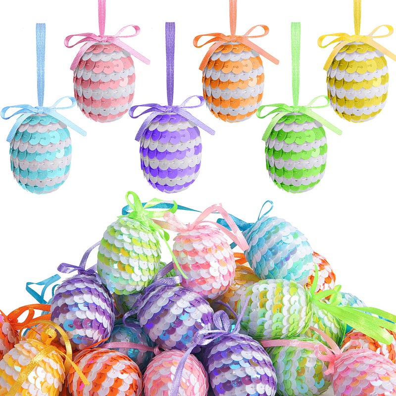 Watayo 30 Pcs Easter Hanging Sequin Eggs, 1.6" Stripes Easter Eggs Ornaments with Bow, Glitter Spring Hanging Egg Tree Ornaments for Party Birthday Home Garden Decoration - Image 1