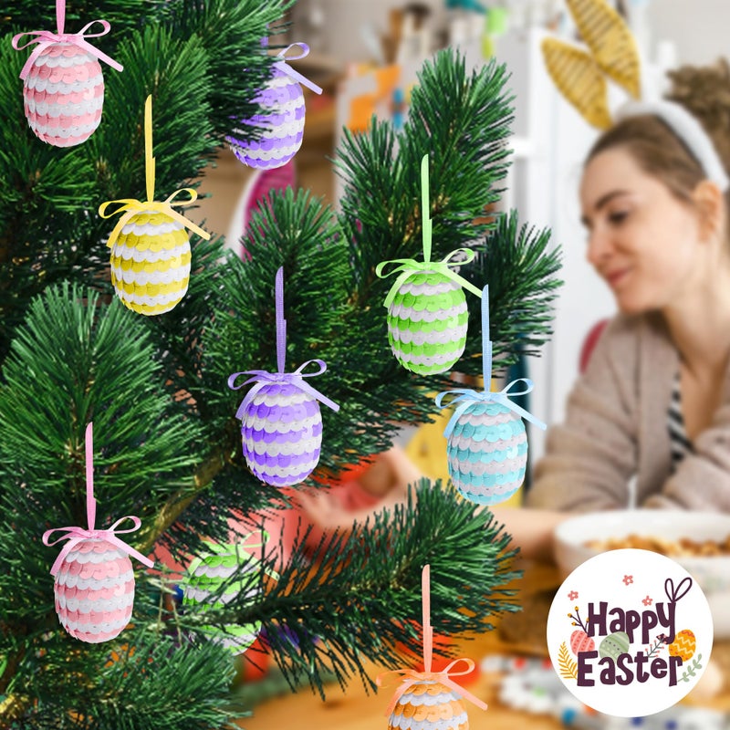 Watayo 30 Pcs Easter Hanging Sequin Eggs, 1.6" Stripes Easter Eggs Ornaments with Bow, Glitter Spring Hanging Egg Tree Ornaments for Party Birthday Home Garden Decoration - Image 4