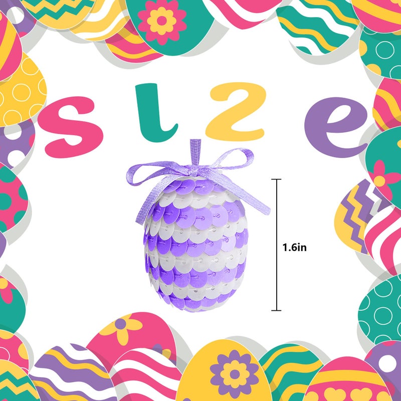 Watayo 30 Pcs Easter Hanging Sequin Eggs, 1.6" Stripes Easter Eggs Ornaments with Bow, Glitter Spring Hanging Egg Tree Ornaments for Party Birthday Home Garden Decoration - Image 2