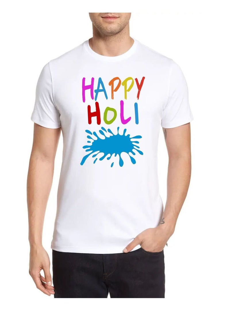 Holi Printed Round Neck Cotton White Color Mens Tshirt - Image 1