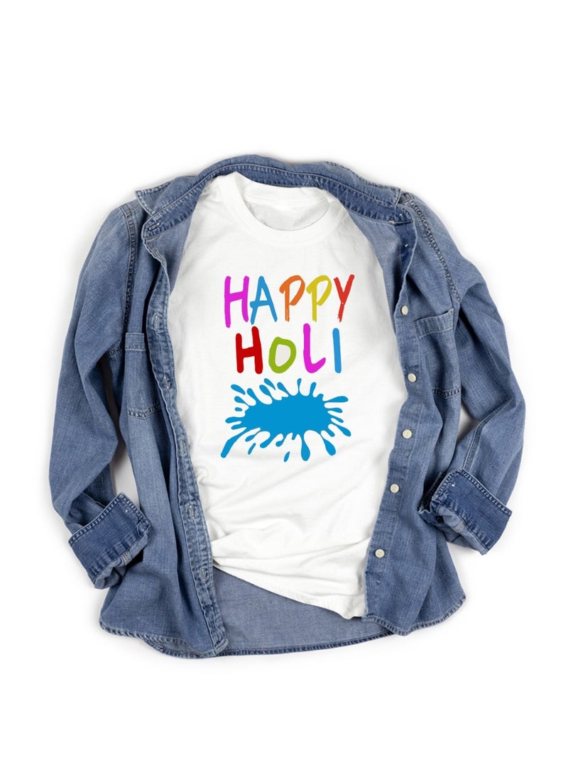 Holi Printed Round Neck Cotton White Color Mens Tshirt - Image 4