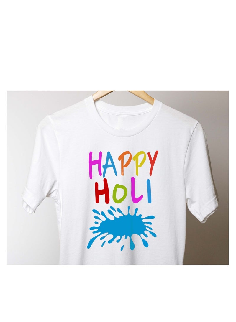 Holi Printed Round Neck Cotton White Color Mens Tshirt - Image 5