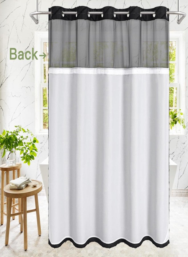 Craidlela No Hooks Boho Black Shower Curtain Set with Snap-in Liner, Farmhouse Woven Fabric Tufted Chevron Striped Textured Shower Curtain, Modern Style with See Through Window 72 x 74 - Image 3