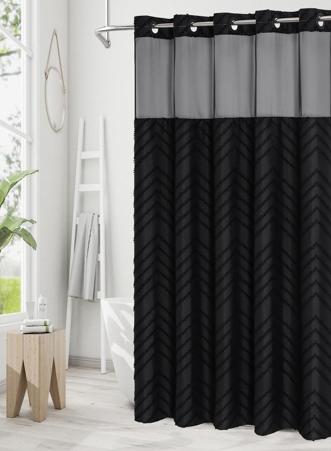 Craidlela No Hooks Boho Black Shower Curtain Set with Snap-in Liner, Farmhouse Woven Fabric Tufted Chevron Striped Textured Shower Curtain, Modern Style with See Through Window 72 x 74 - Image 2