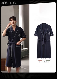 Joychic Japanese Style Men Pure Cotton Pajamas Simple Leisure Male Short-sleeved All-in-one Loose Breathable Sleep Robe with Adjustbale Belt for Spring and Summer Autumn Dark Blue  - Image 1