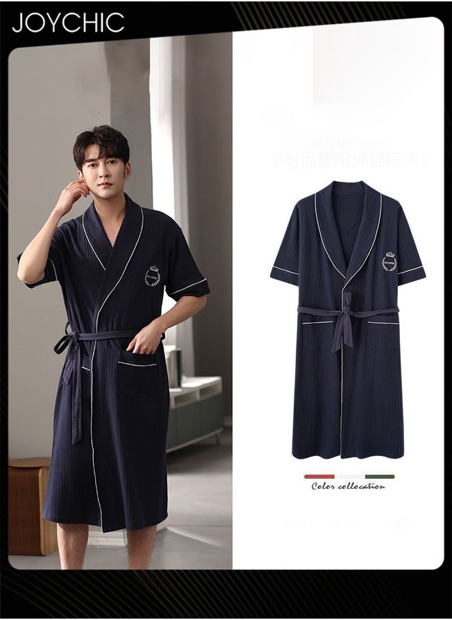 Joychic - Japanese Style Men Pure Cotton Pajamas Simple Leisure Male Short-sleeved All-in-one Loose Breathable Sleep Robe with Adjustbale Belt for Spring and Summer Autumn Dark Blue - Image 1