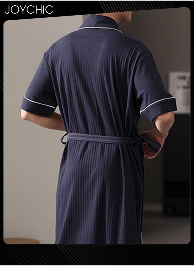 Joychic - Japanese Style Men Pure Cotton Pajamas Simple Leisure Male Short-sleeved All-in-one Loose Breathable Sleep Robe with Adjustbale Belt for Spring and Summer Autumn Dark Blue - Image 1