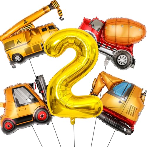 Tagberoy Construction Birthday Party Supplies 2 Year Old Large Construction Balloons 40Inch Gold Number 2 Balloons Construction Truck Foil Balloons for Boys 2nd Construction Birthday Party Decorations - Image 1