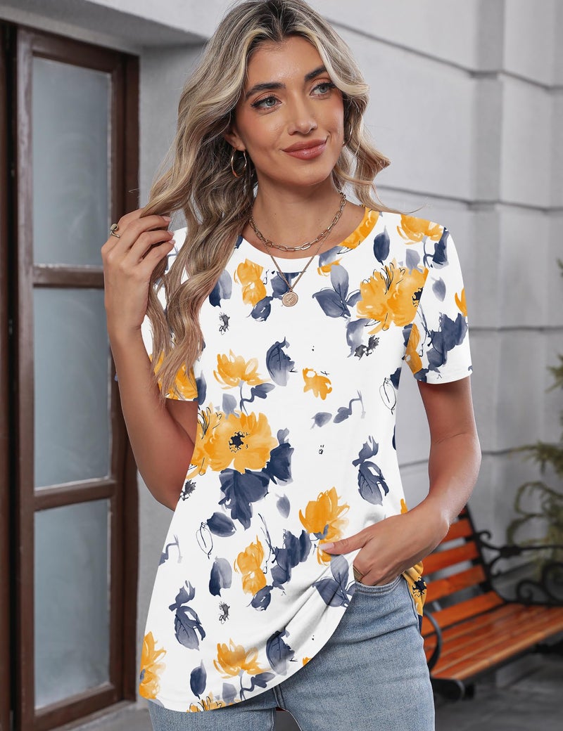 TCOT Womens Shirts Dressy Casual Short Sleeve 2026 Trendy Elegant Loose Casual Crew Neck Blouses Yellow Floral L - Image 2