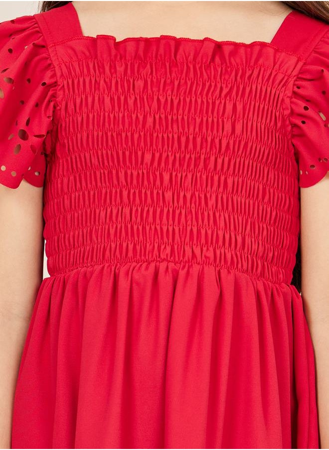 Styli Laser Cut Out and Smocked Detail Tiered Dress  - Image 3