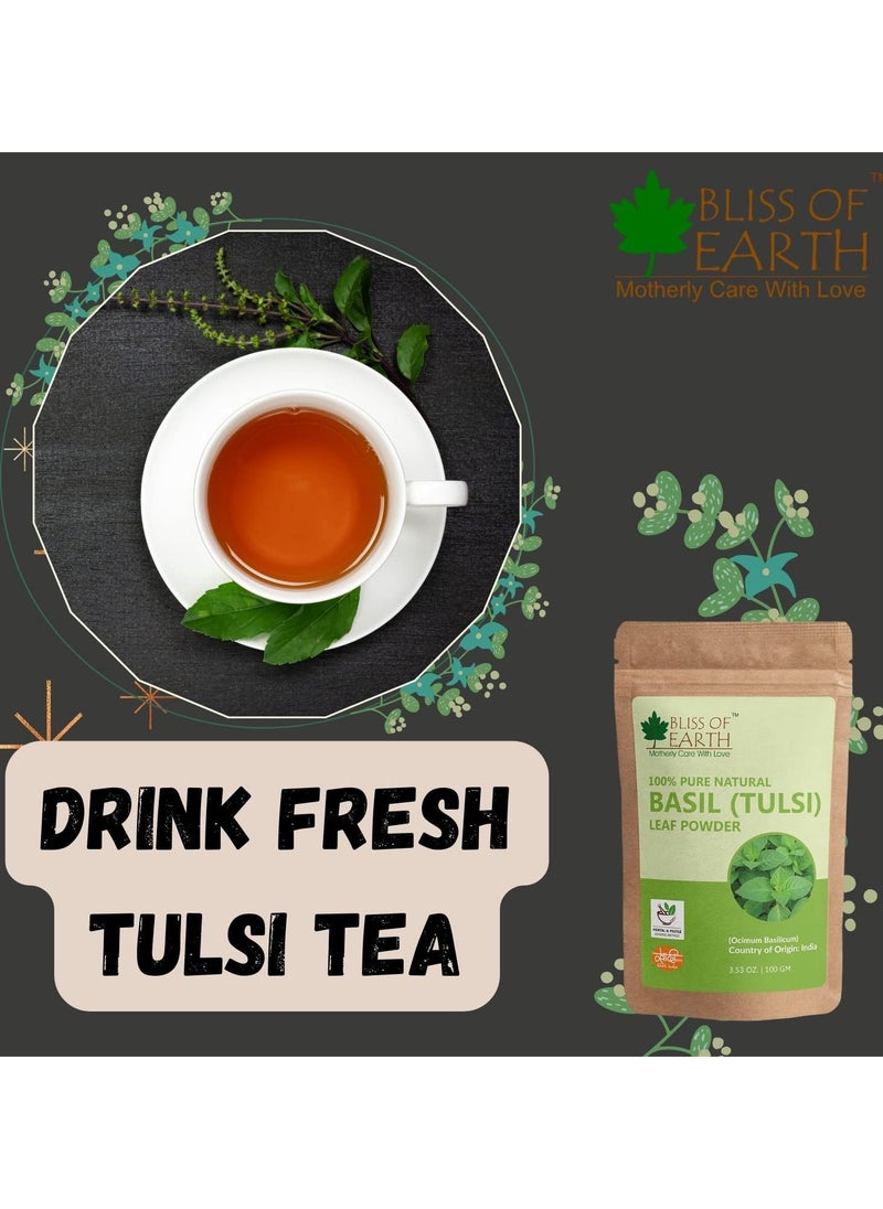 BLISS OF EARTH 100% Pure Basil Leaves Powder Ayurvedic Tulsi Powder 100GM Great For Hair Skin Face  - Image 2