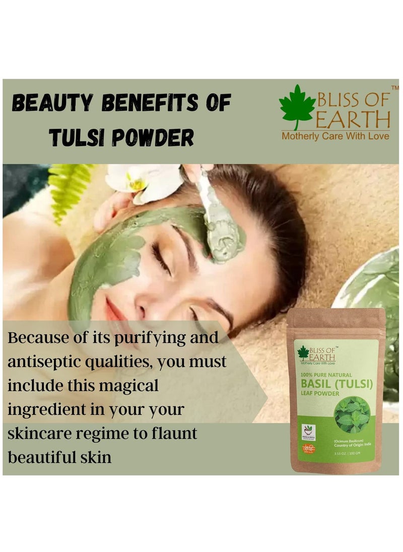BLISS OF EARTH 100% Pure Basil Leaves Powder Ayurvedic Tulsi Powder 100GM Great For Hair Skin Face  - Image 3