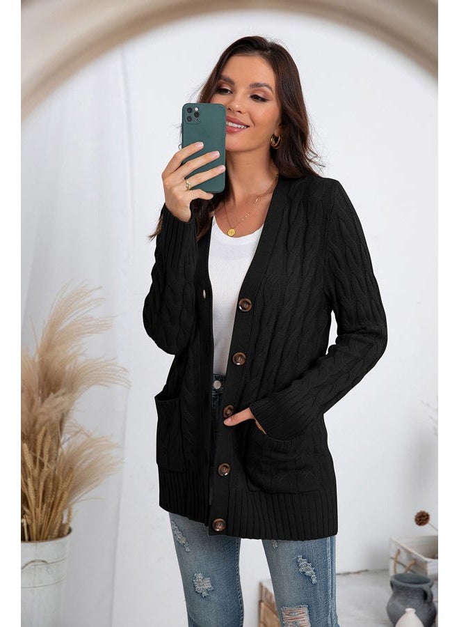 GRECERELLE Women's Long Sleeve Loose Knit Cable Open Front Button Down Cardigan Sweater Outerwear Coat with Pockets, 03-black, L - Image 4