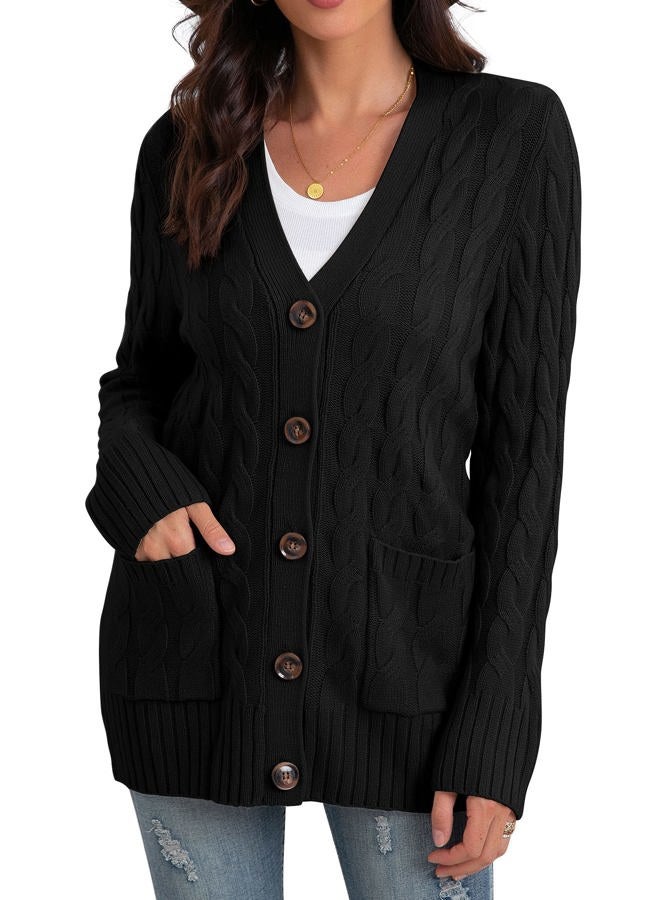 GRECERELLE Women's Long Sleeve Loose Knit Cable Open Front Button Down Cardigan Sweater Outerwear Coat with Pockets, 03-black, L - Image 3