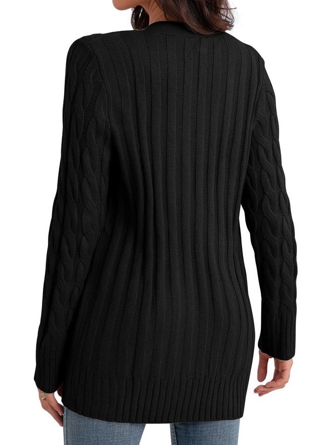 GRECERELLE Women's Long Sleeve Loose Knit Cable Open Front Button Down Cardigan Sweater Outerwear Coat with Pockets, 03-black, L - Image 2