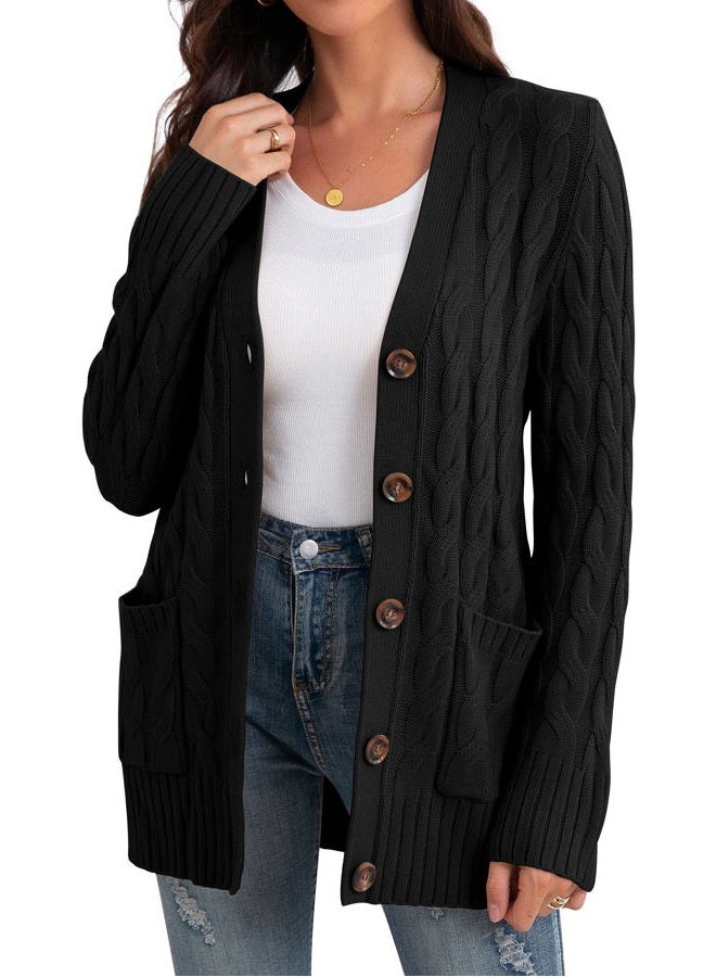 GRECERELLE Women's Long Sleeve Loose Knit Cable Open Front Button Down Cardigan Sweater Outerwear Coat with Pockets, 03-black, L - Image 5