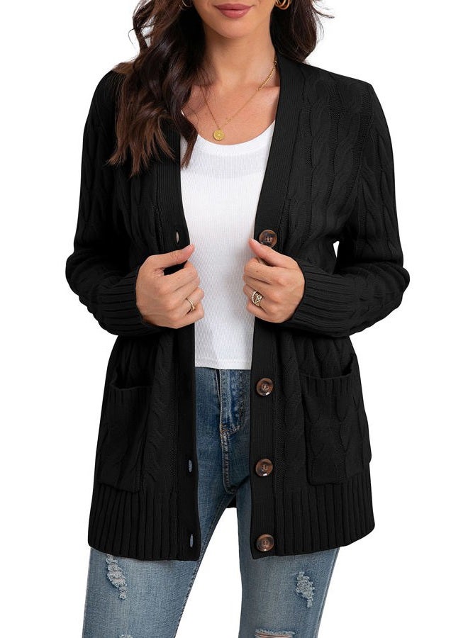 GRECERELLE Women's Long Sleeve Loose Knit Cable Open Front Button Down Cardigan Sweater Outerwear Coat with Pockets, 03-black, L - Image 1