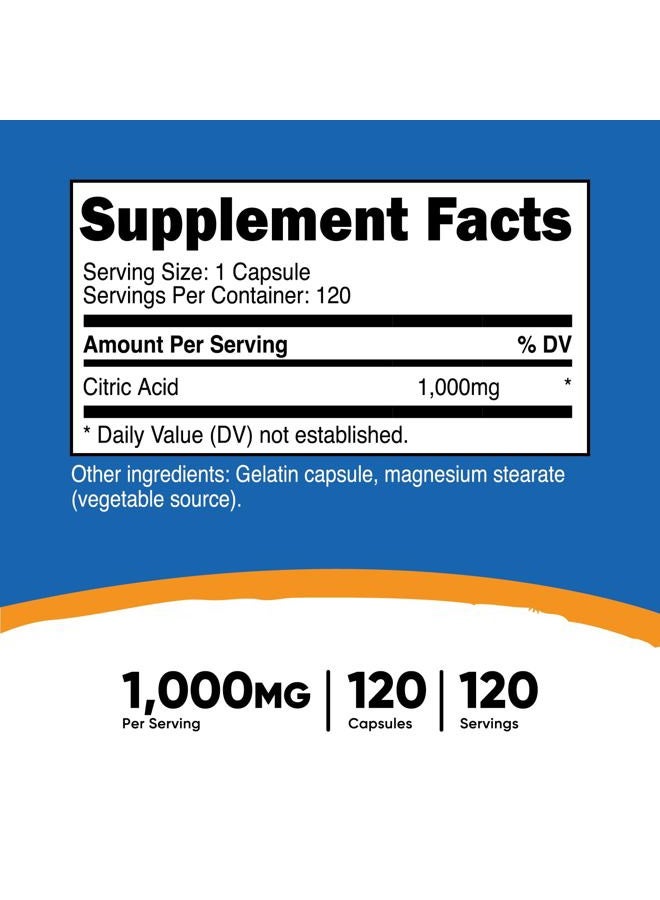 Nutricost Citric Acid 1000mg (1 gram), 120 Capsules - Gluten Free, Non-GMO - Image 2
