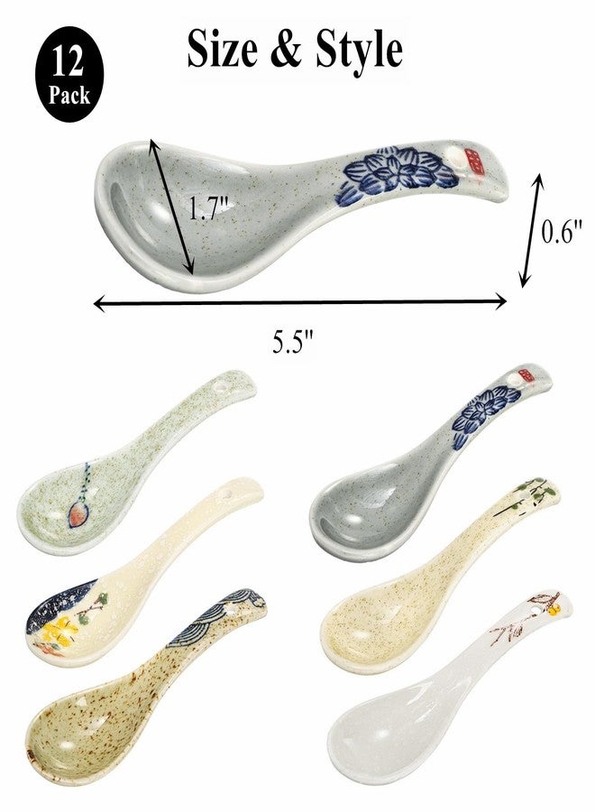 Cididu Set of 12 Asian Soup Spoons Ceramic, Retro Japanese Soup Spoons, Delicate Chinese Serving Spoons, Porcelain Ramen Spoons for Pho Miso Noodles Dessert Wonton Dumpling, Dishwasher Safe, 5.5''L - Image 2