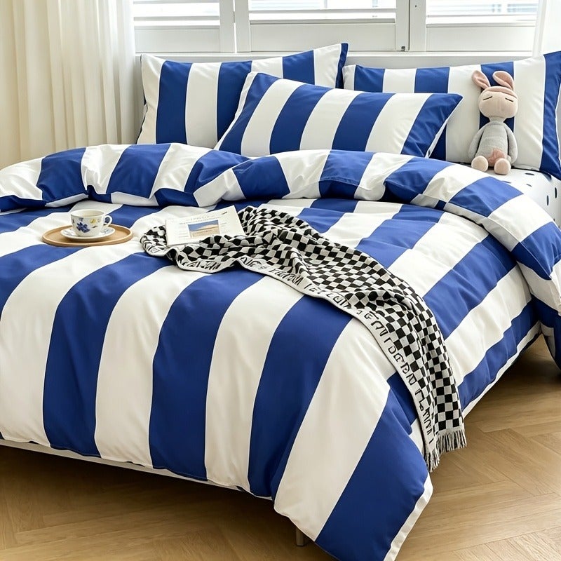 Deep Blue, Green, and Red Striped Bedding, Includes 1 Duvet Cover and 2 Pillowcases. Does Not Include Any Insert. The Duvet Cover Features a Zipper for Easy Removal and Washing. The Fabric Is Comfortable and Soft, Suitable for All Seasons - Image 5