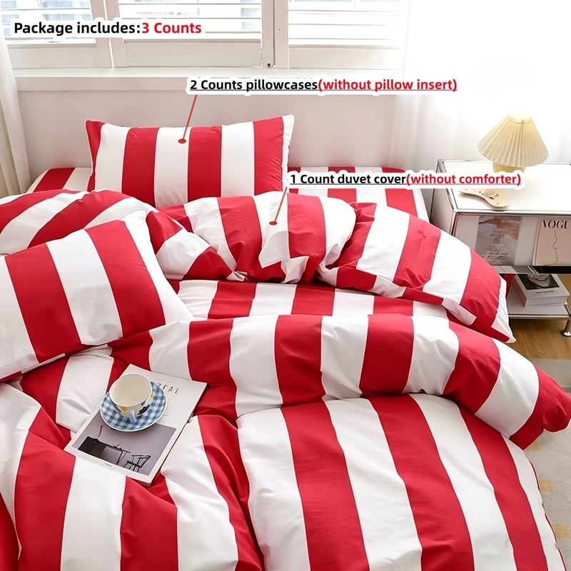 Deep Blue, Green, and Red Striped Bedding, Includes 1 Duvet Cover and 2 Pillowcases. Does Not Include Any Insert. The Duvet Cover Features a Zipper for Easy Removal and Washing. The Fabric Is Comfortable and Soft, Suitable for All Seasons - Image 1