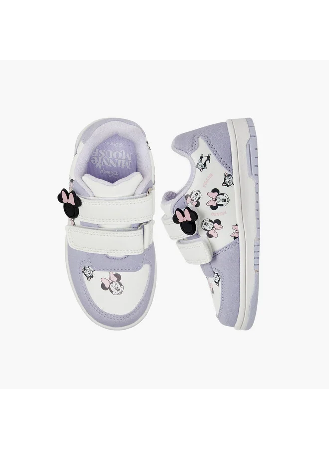 ديزني Girls Minnie Mouse Print Sneakers with Hook and Loop Closure