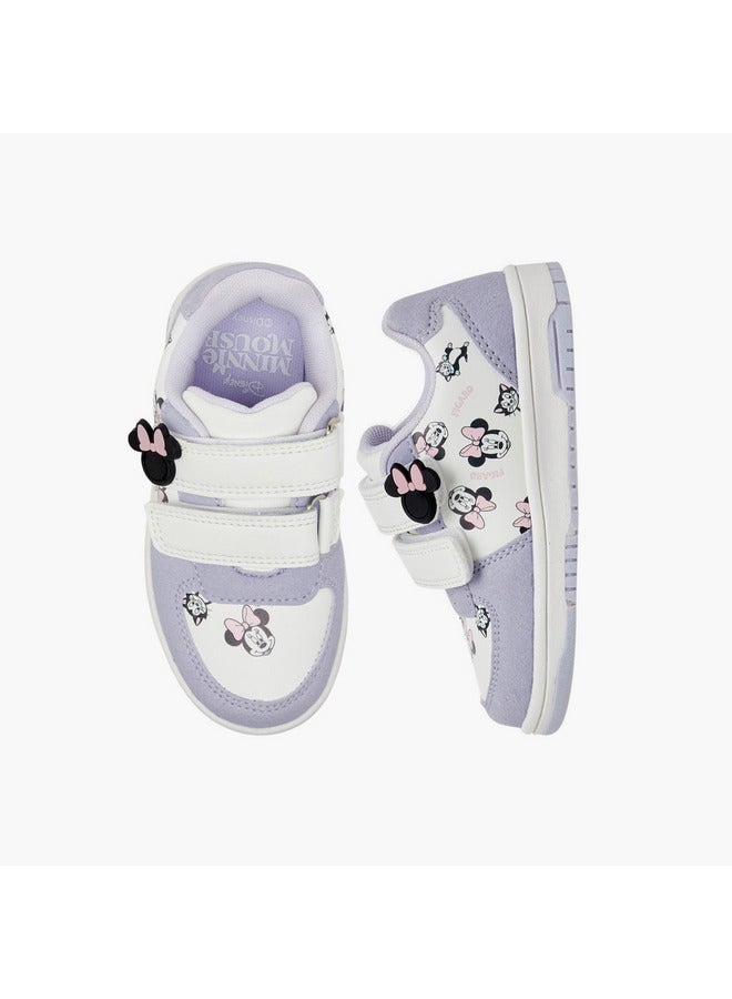 Disney Girls Minnie Mouse Print Sneakers with Hook and Loop Closure - Image 1