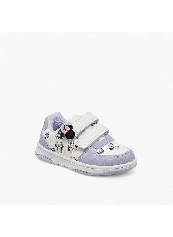 Disney Girls Minnie Mouse Print Sneakers with Hook and Loop Closure