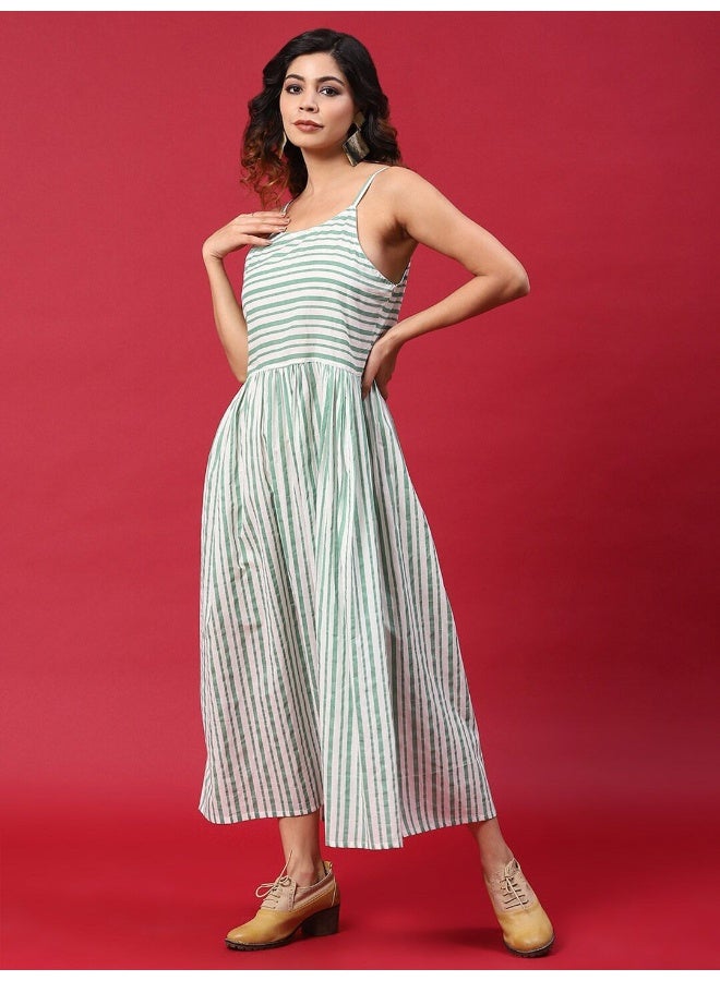 AKS Green & White Stripe Print Midi Dress  - Image 3