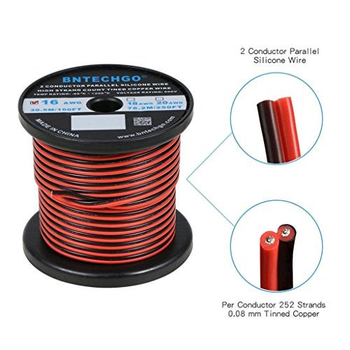 BNTECHGO 16 Gauge Flexible 2 Conductor Parallel Silicone Wire Spool Red Black High Resistant 200 deg C 600V for Single Color LED Strip Extension Cable CordModel100ft Stranded Tinned Copper Wire - Image 3