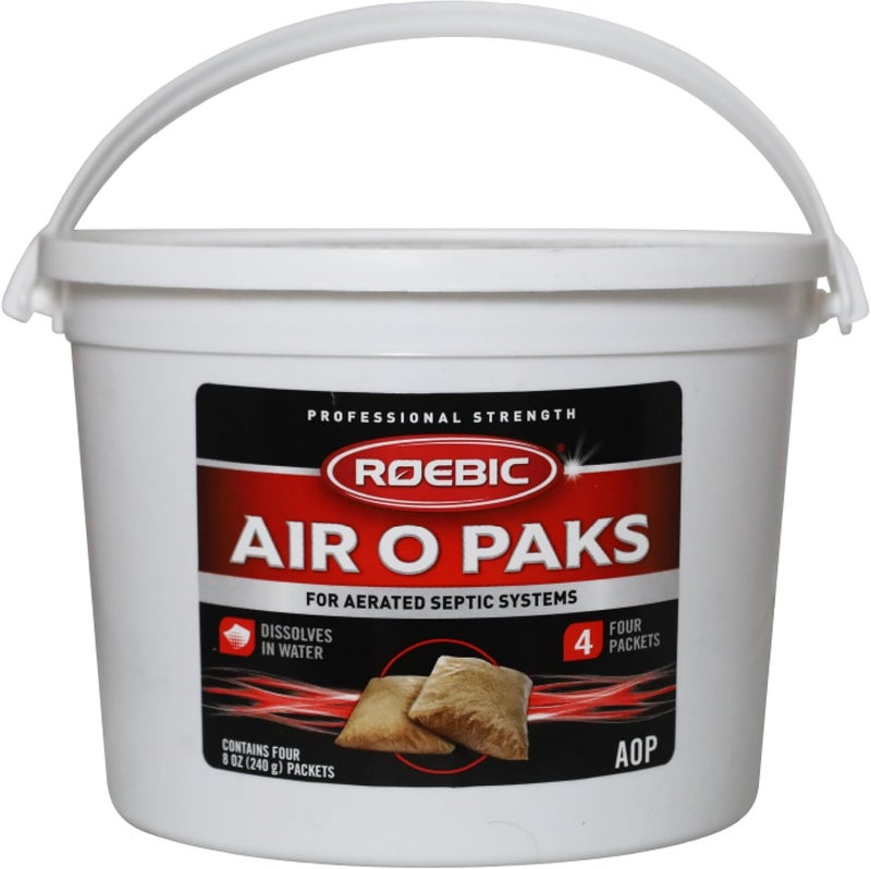Roebic AOP Air-O-Paks for Aerated Septic Systems: Dissolves in Water, Degrades Grease, Proteins, Soaps, Chemicals - Four 8-Ounce Packets, 8 oz - Image 1